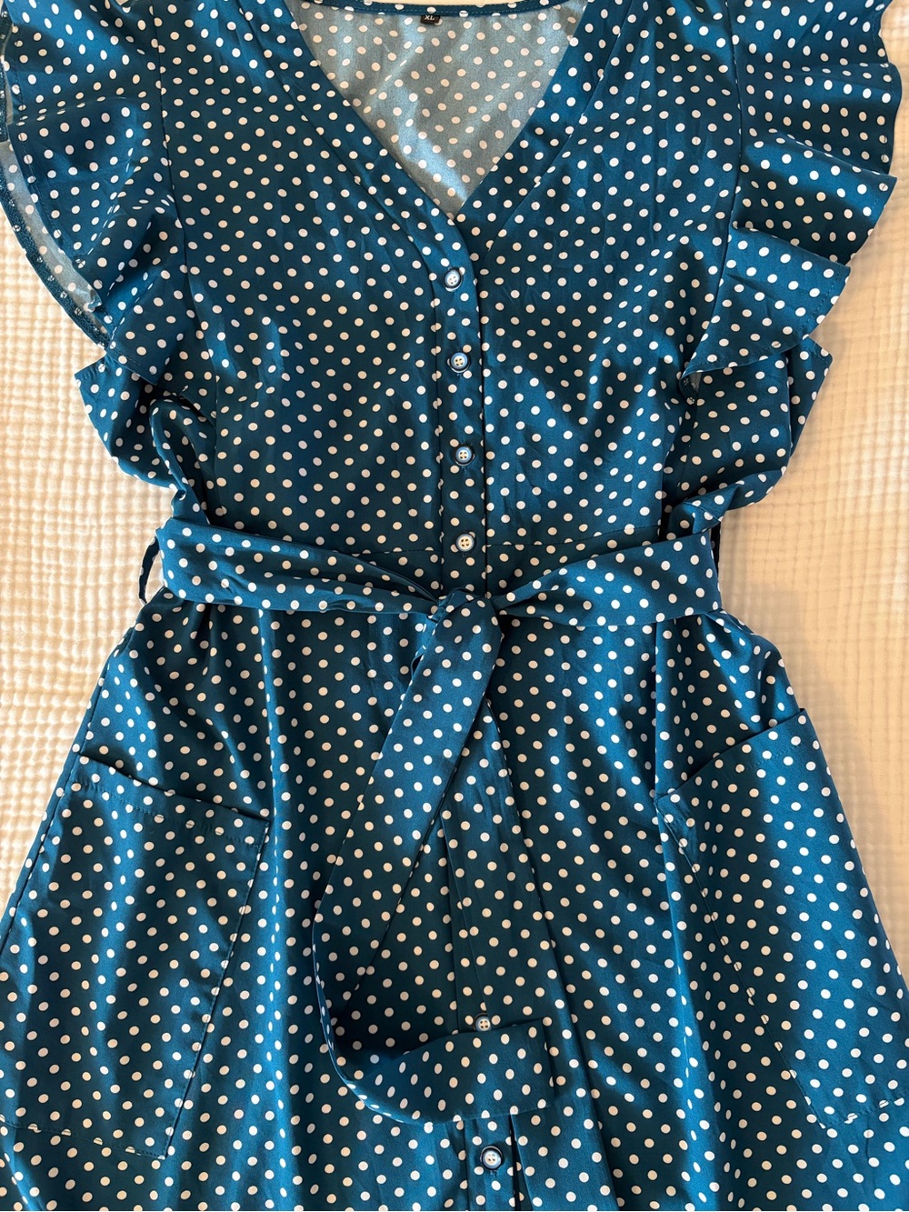 Womens Teal w/white Polka Dot n Flutter Sleeves Pockets Belted Midi Dress Sz L